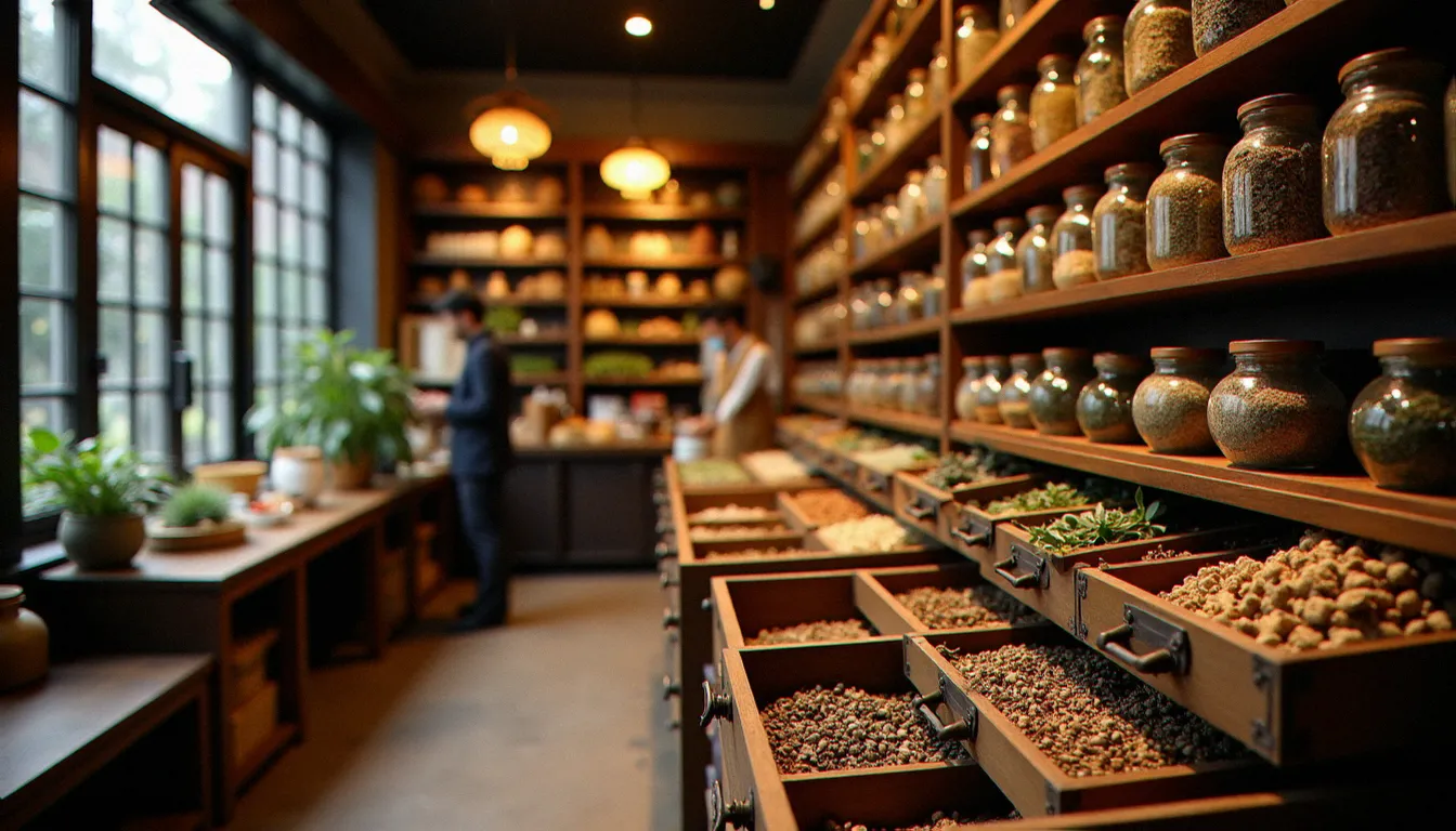 Boutique de médecine traditionnelle chinoise à Taipei avec des tiroirs en bois remplis de plantes séchées, représentant les alternatives légales au CBD disponibles à Taiwan