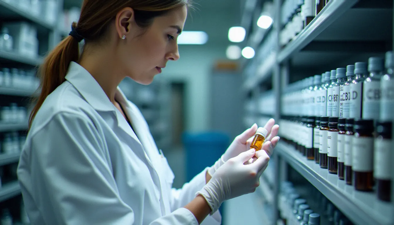 Chercheuse en laboratoire analysant un flacon de cannabidiol CBD dans le cadre d'un contrôle qualité de produits chanvre