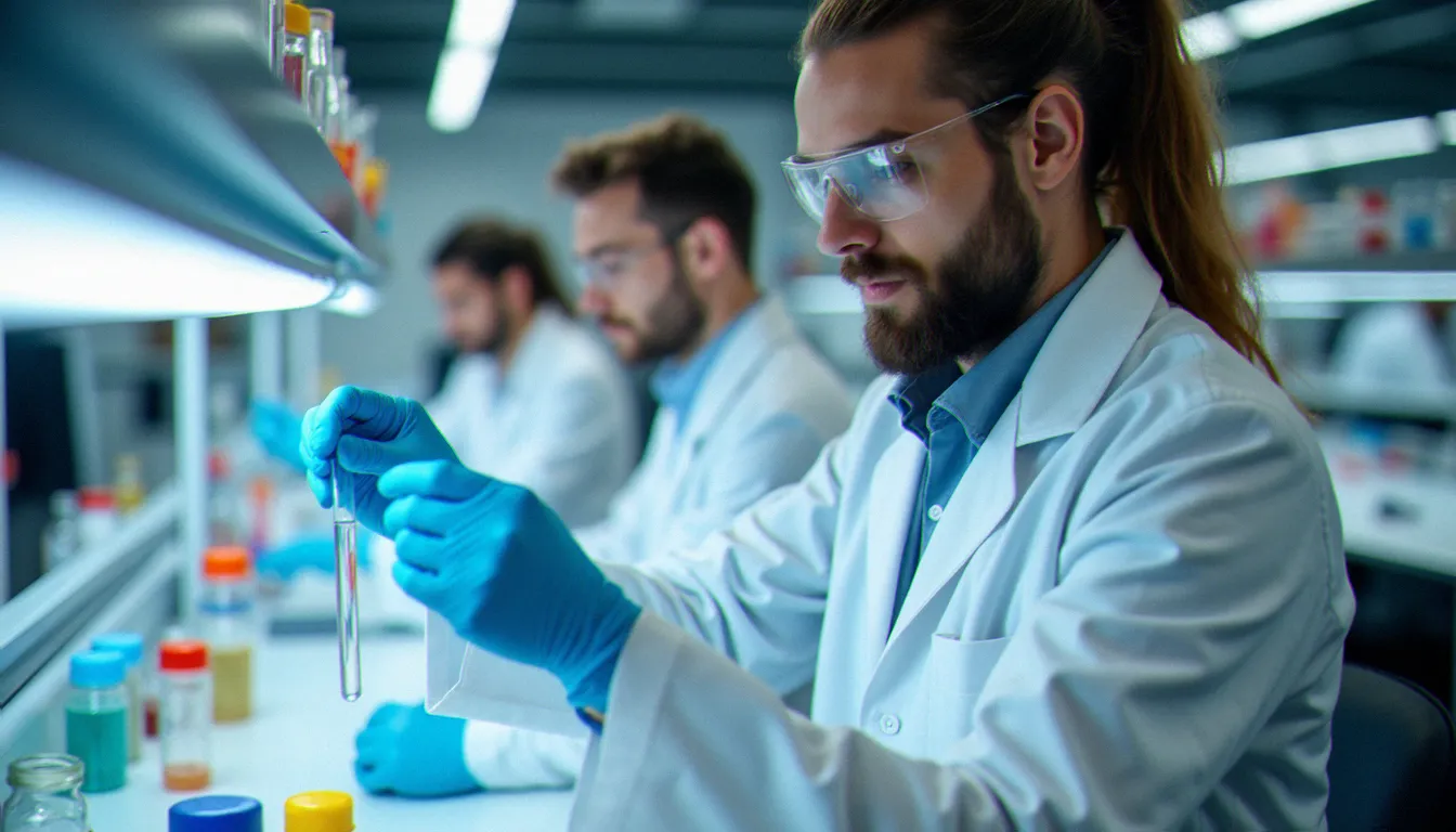 Scientifique en blouse blanche analysant un échantillon de cannabidiol en laboratoire pharmaceutique moderne