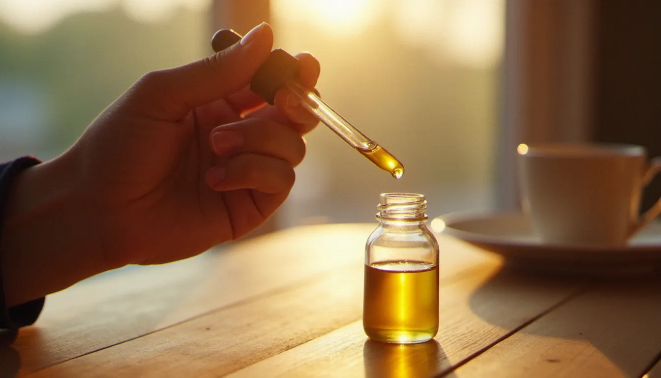 Personne administrant une goutte d'huile CBD sous la langue par voie sublinguale, méthode de dosage recommandée pour le CBD fr