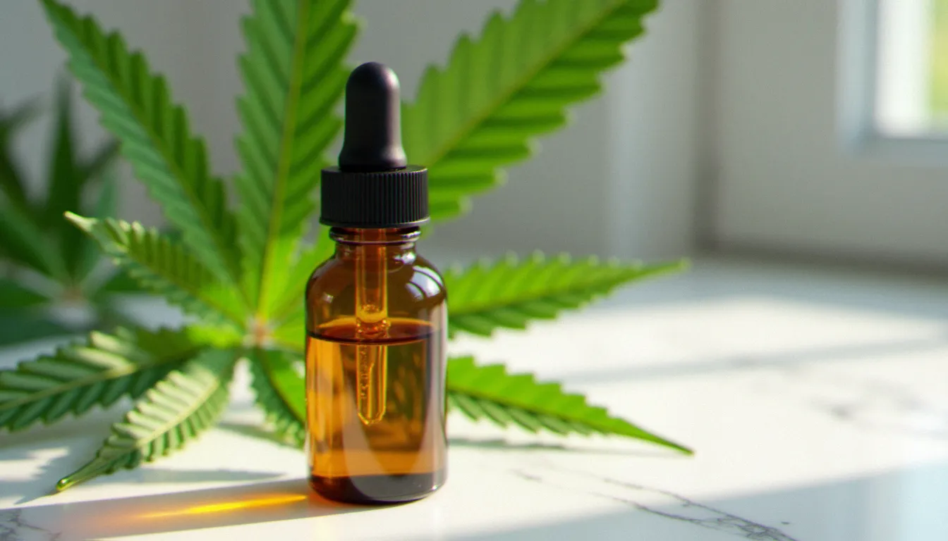 Flacon compte-gouttes d'huile de CBD doré sur surface en marbre blanc avec feuilles de chanvre fraîches, illustrant un produit cbd fr de qualité