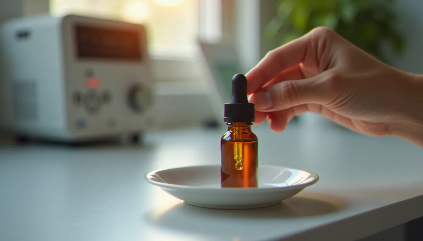 Goutte d'huile de CBD sans THC sur une pipette en verre ambré avec un laboratoire d'analyse en arrière-plan flou