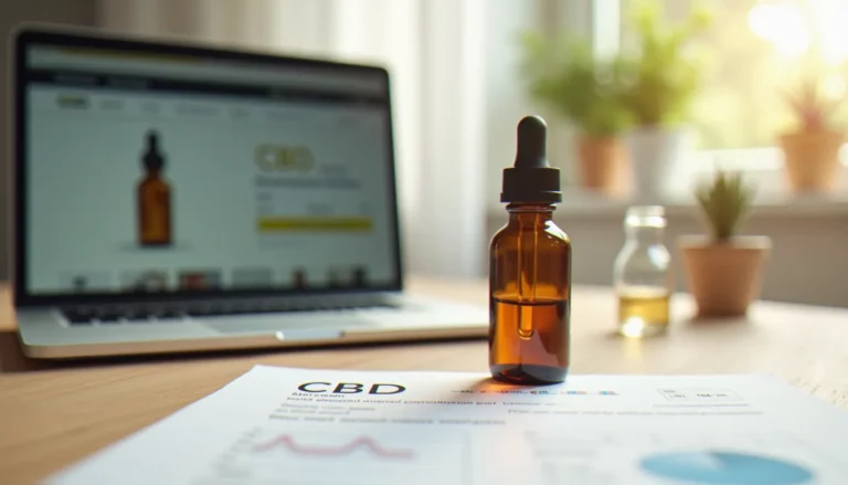 Flacon d'huile de CBD sans THC posé à côté d'un analyse chromatographique et d'un ordinateur portable affichant une fiche produit en ligne, pour l'achat en ligne