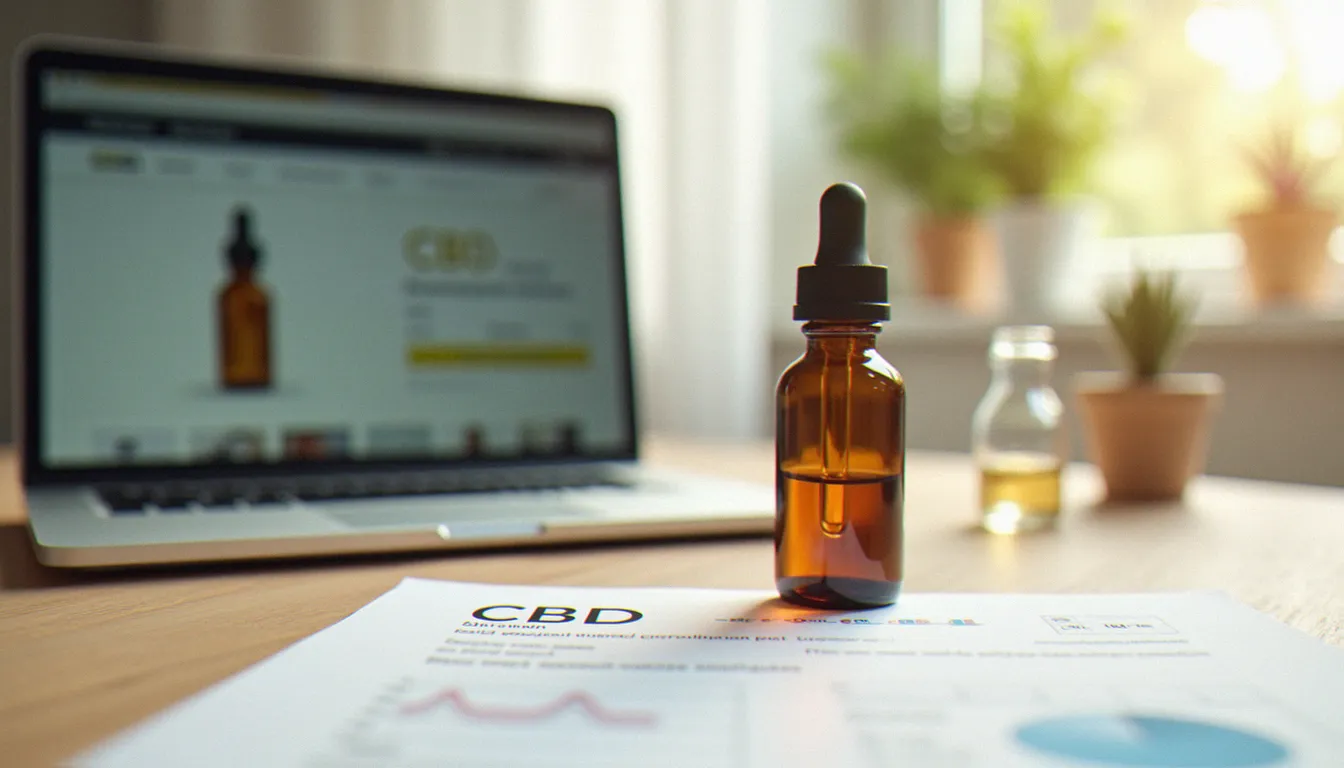 Flacon d'huile de CBD sans THC posé à côté d'un analyse chromatographique et d'un ordinateur portable affichant une fiche produit en ligne, pour l'achat en ligne