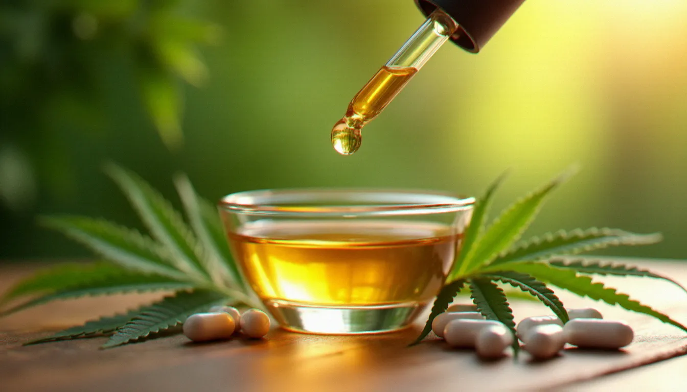 Goutte d'huile CBD dorée tombant d'un compte-gouttes, entourée de feuilles de chanvre et de gélules illustrant les différentes formes de CBD disponibles