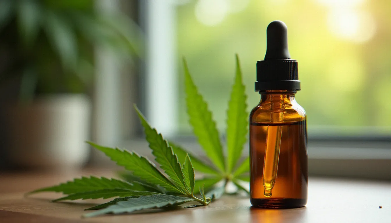 Flacon d'huile de CBD posé sur une surface en bois avec des feuilles de chanvre séchées, illustrant les effets du CBD