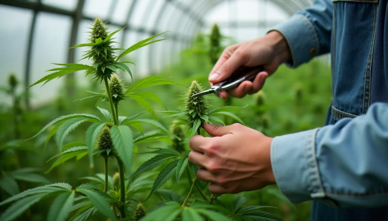 Mains d'un cultivateur inspectant une branche de chanvre CBD fraîchement récoltée dans une serre, avec des inflorescences résineuses bien visibles