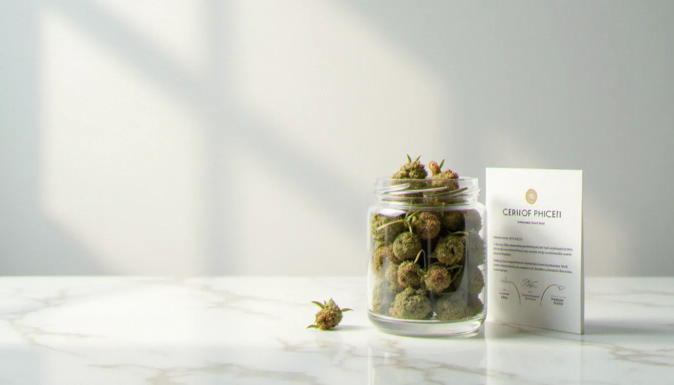 Bocal en verre rempli de fleurs CBD séchées posé sur du marbre blanc à côté d'un certificat d'analyse laboratoire, représentant le choix d'un produit de qualité