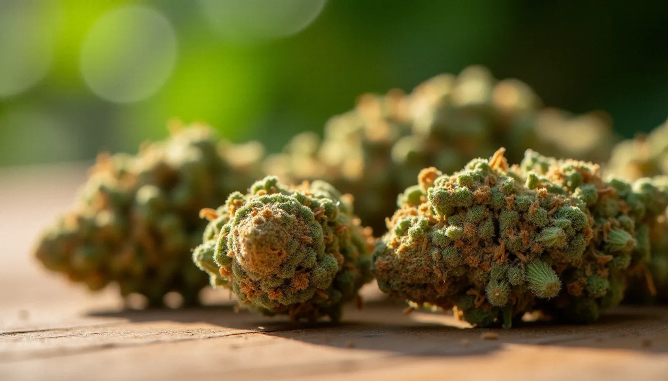 Fleurs CBD séchées aux trichomes visibles posées sur une surface en bois naturel, éclairées à la lumière du jour