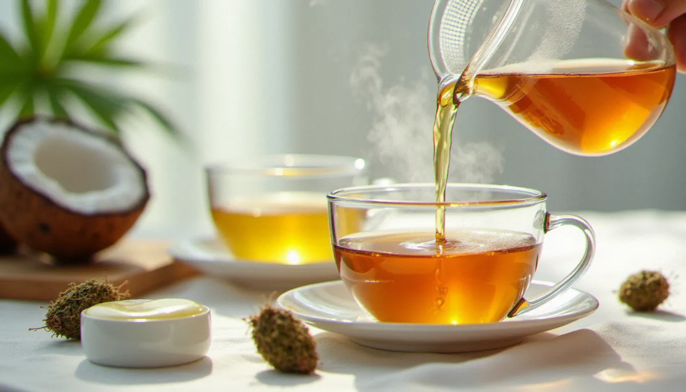 Infusion de fleurs de CBD versée dans une tasse en céramique blanche, avec des boutons de fleurs de chanvre et de l'huile de coco pour optimiser l'absorption du cannabidiol
