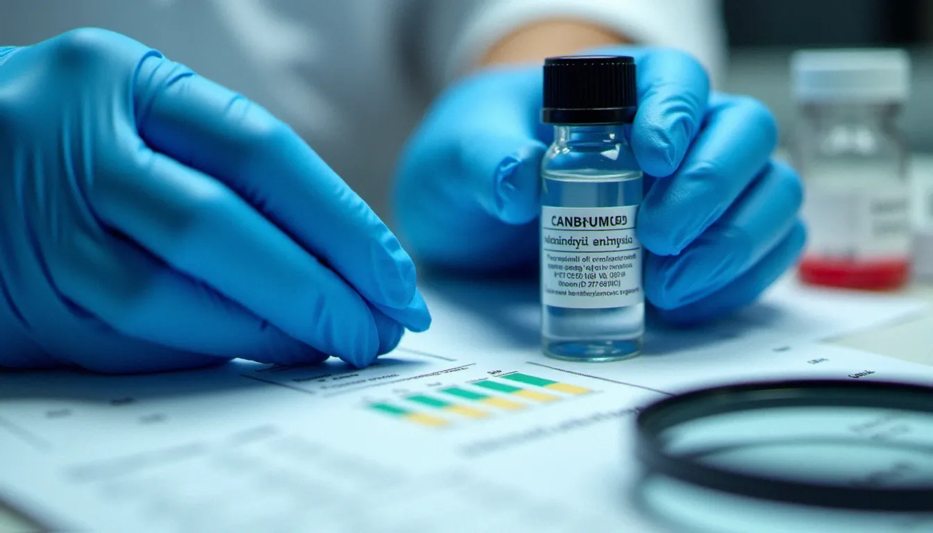 Technicien de laboratoire tenant un flacon d'échantillon de fleur de CBD pour analyse chromatographique, avec rapport de teneur en cannabinoïdes visible sur le plan de travail