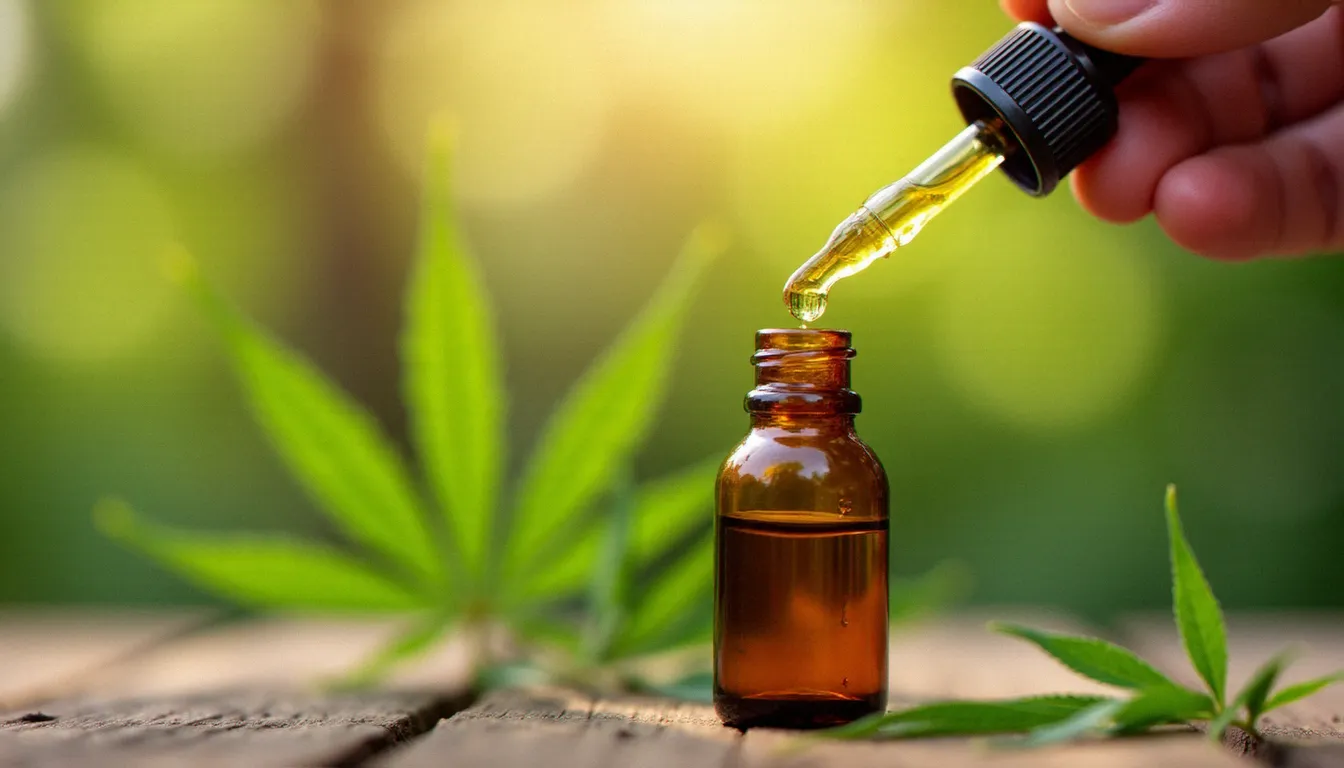 Flacon compte-gouttes d'huile de CBD dorée tenu à la main avec des feuilles de chanvre en arrière-plan flou