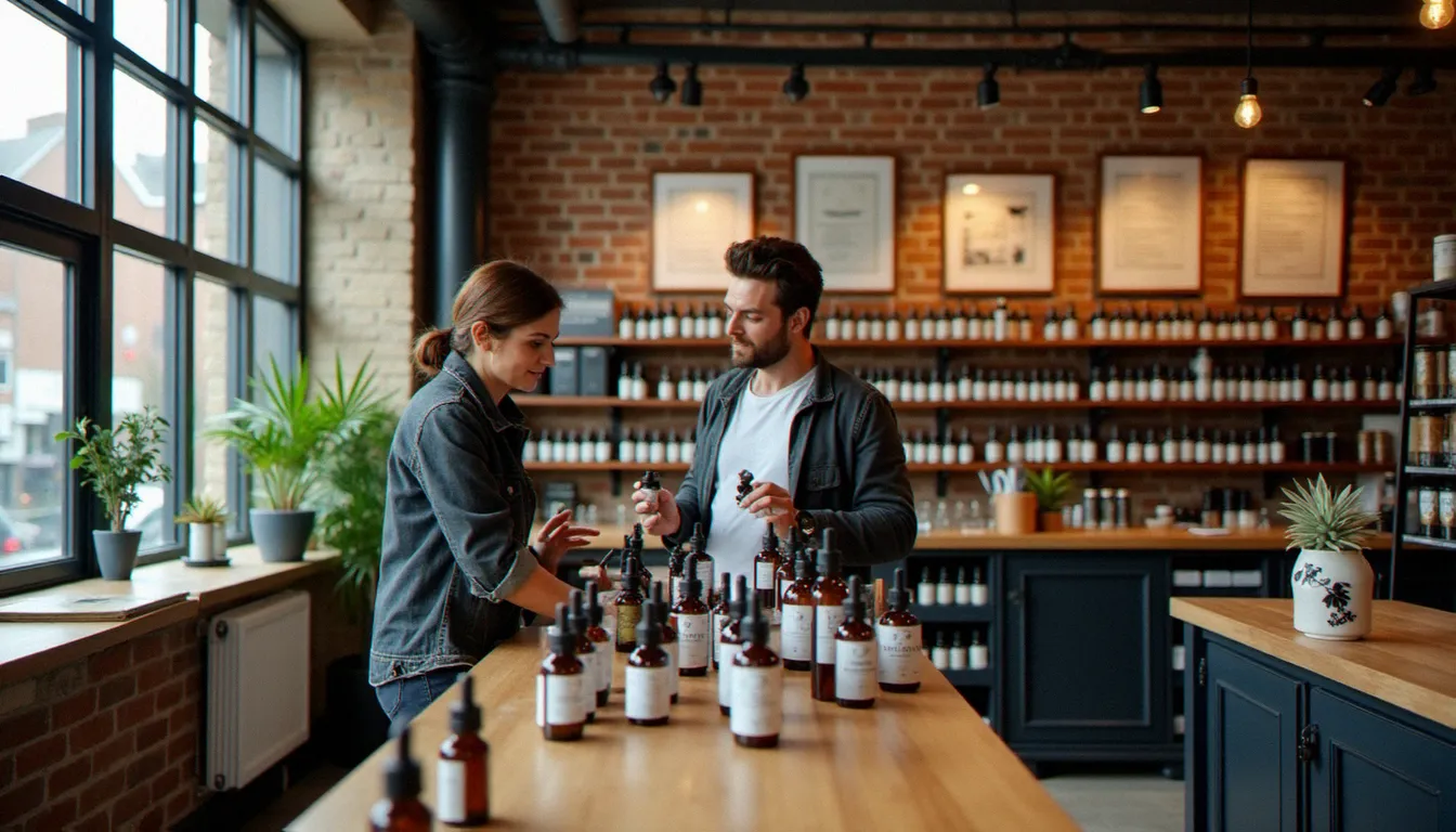 Intérieur d'une boutique CBD spécialisée à Shoreditch Londres, avec des étagères de produits CBD et des certificats d'analyse visibles au mur