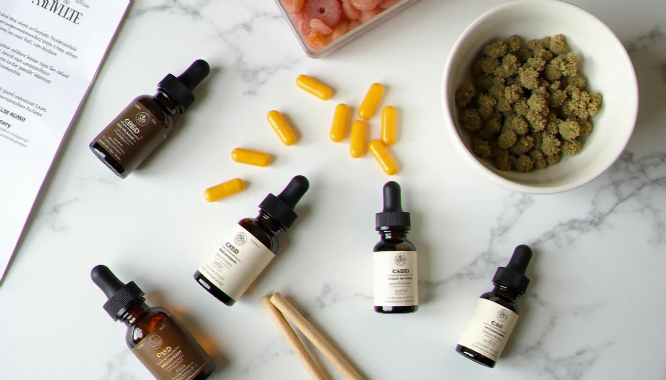 Assortiment de produits CBD disponibles dans les boutiques londoniennes : huiles, capsules, gummies et fleurs de chanvre avec certificat d'analyse laboratoire