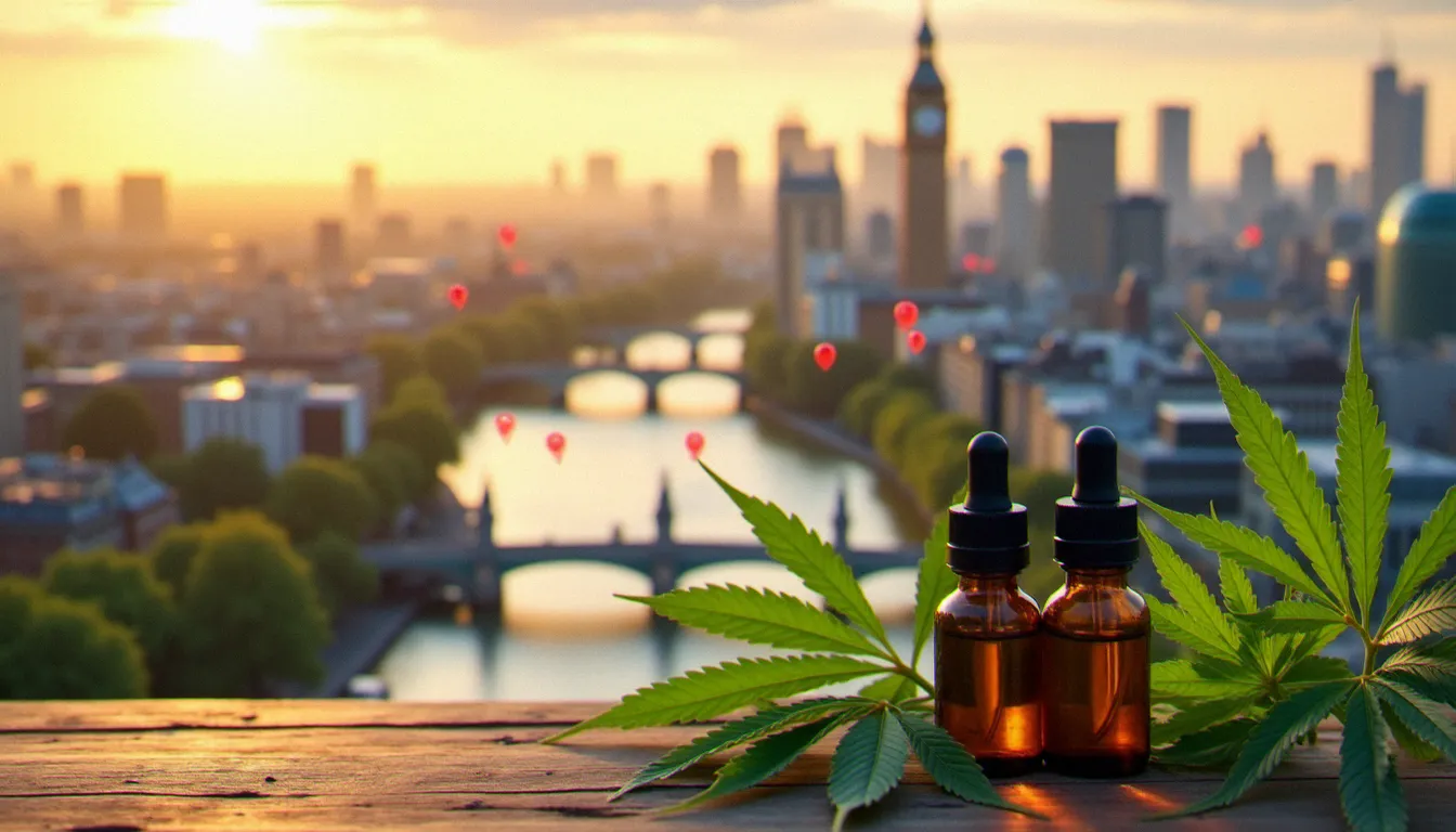 Carte illustrée de Londres avec des épingles de localisation marquant des boutiques CBD dans différents quartiers, huiles de cannabidiol en premier plan