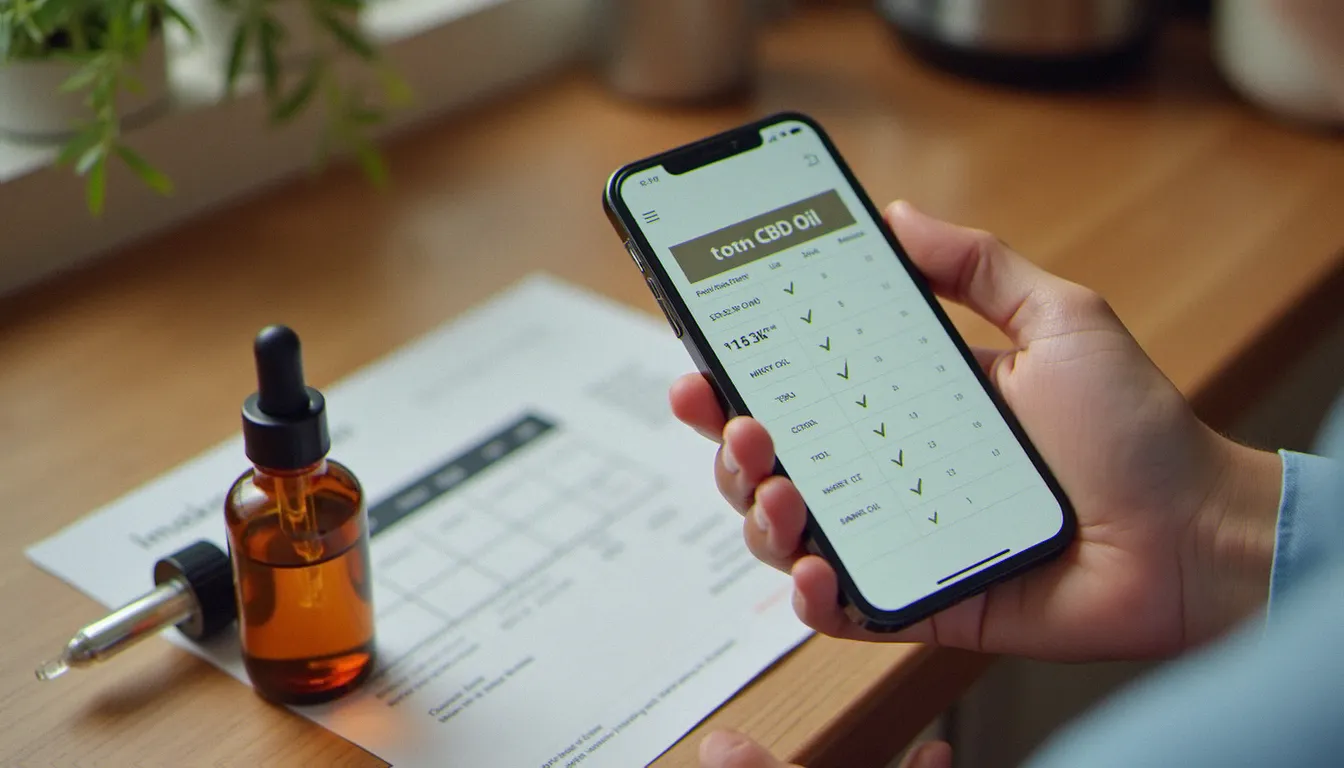 Main tenant un smartphone affichant une comparaison de prix de CBD bio à côté d'un flacon d'huile sur un plan de travail.