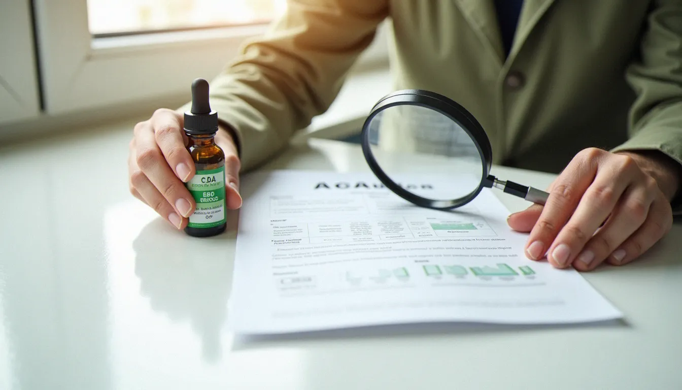 Mains tenant un certificat d'analyse de laboratoire à côté d'un flacon d'huile de CBD, loupe posée sur le document