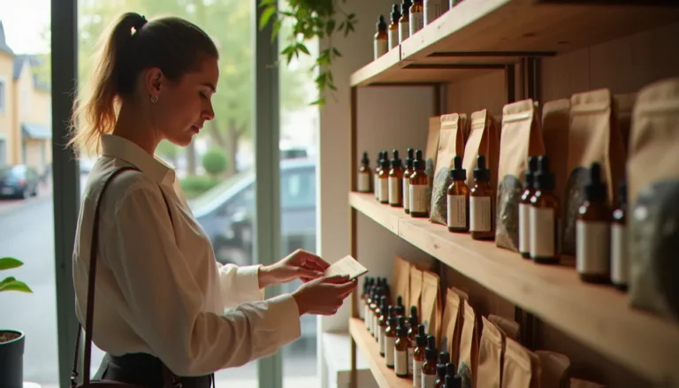 Intérieur d'un CBD bio shop à Caen avec des pots d'huile et des fleurs de chanvre bio sur des étagères en bois, un client examine une étiquette