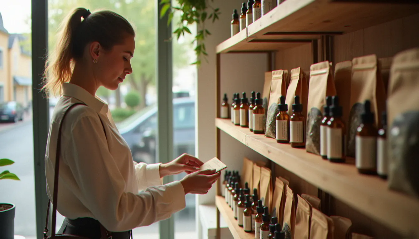 Intérieur d'un CBD bio shop à Caen avec des pots d'huile et des fleurs de chanvre bio sur des étagères en bois, un client examine une étiquette