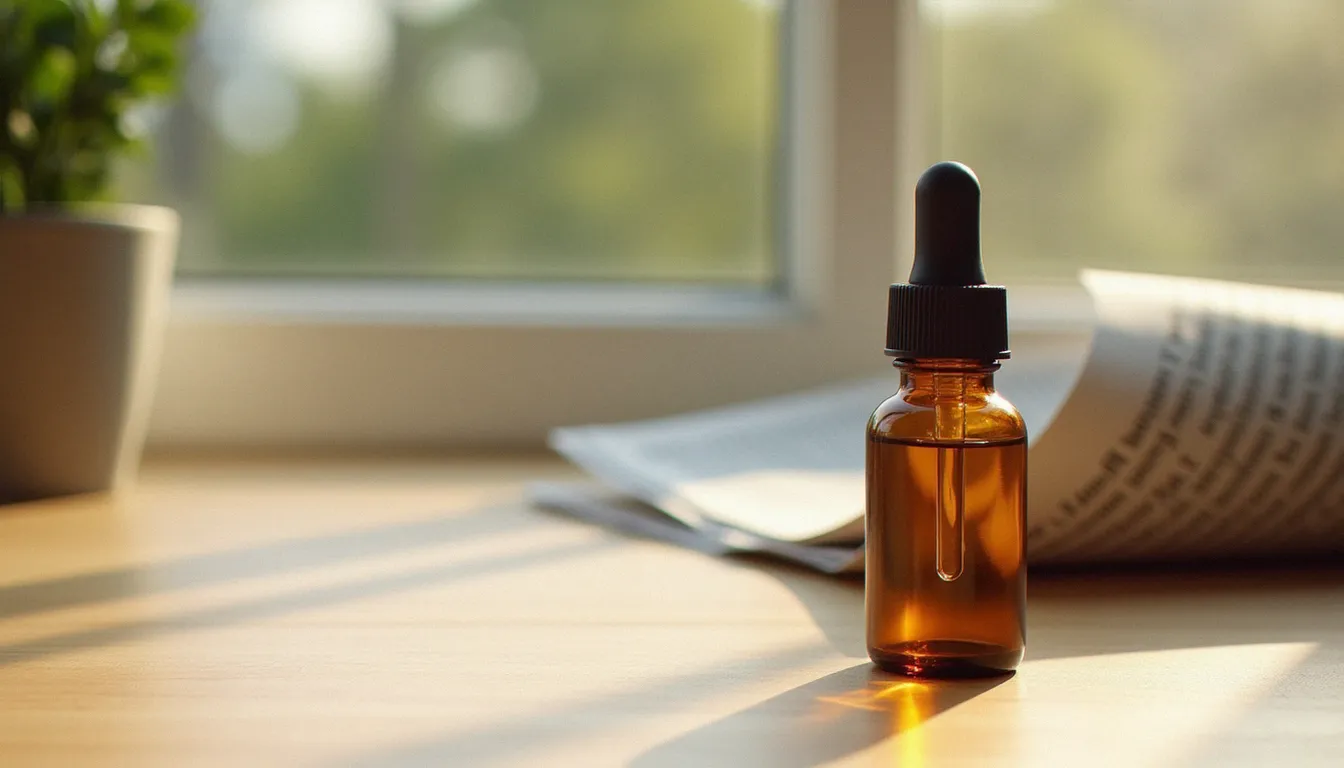 Flacon d'huile de CBD posé sur une table en bois clair, évoquant le débat sur le CBD interdit en France