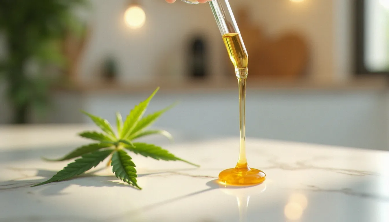 Goutte d'huile de CBD sur une surface en marbre, accompagnée de feuilles de chanvre, illustrant la question « CBD pourquoi en prendre »