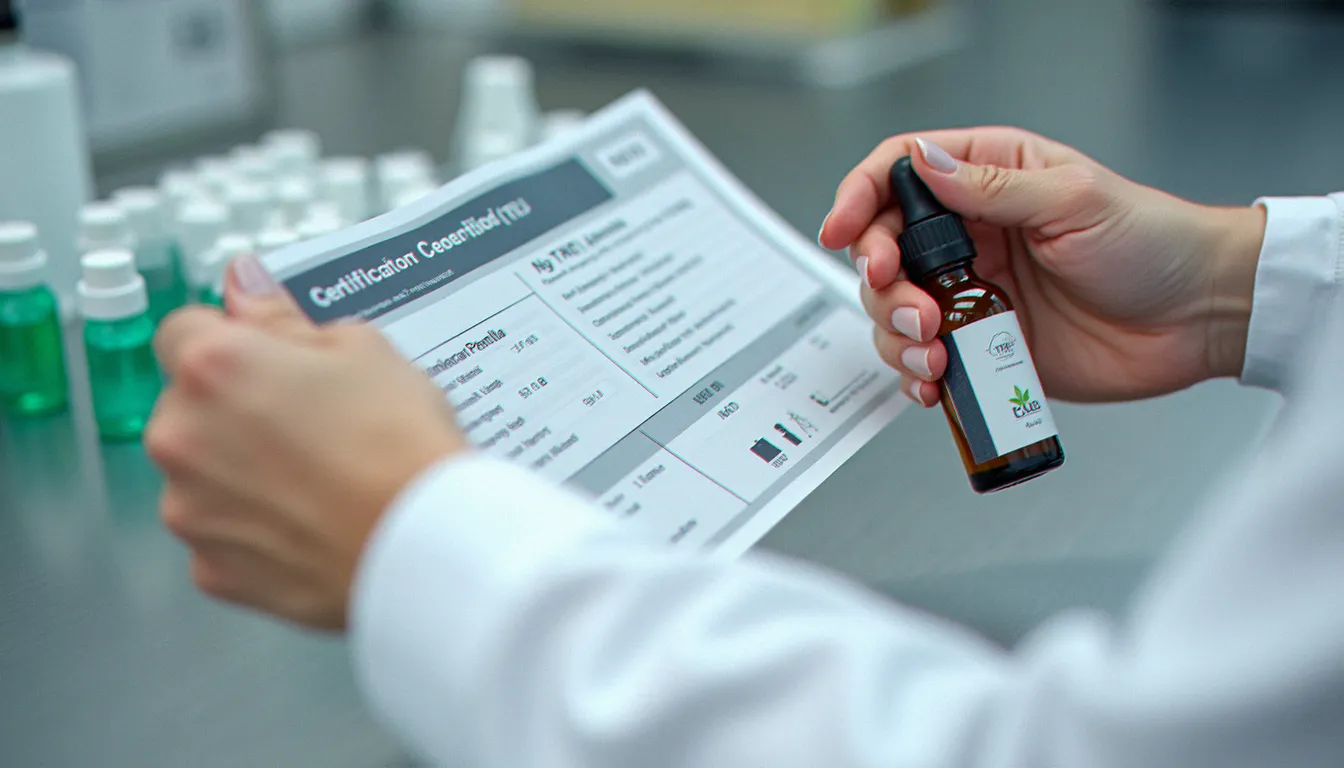 Mains d'un pharmacien présentant une fiole de CBD et un certificat d'analyse de teneur en THC