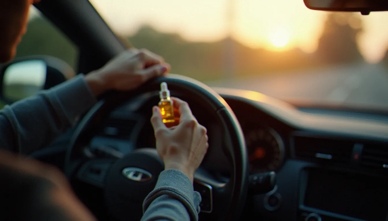 Vue depuis le siège conducteur avec une bouteille de CBD sans THC et conduite visible sur la console centrale, lumière du matin